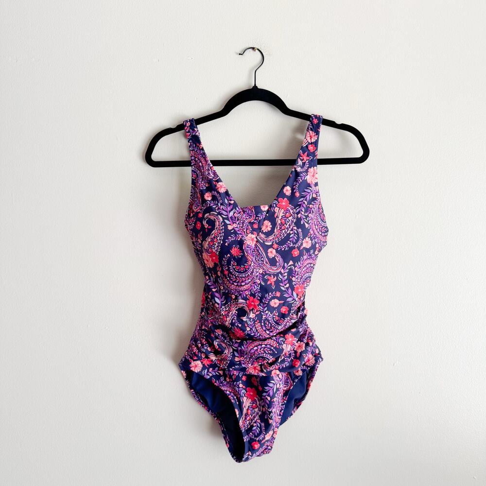 Lands' End Purple + Navy Blue Paisley Floral Print Ruched One Piece Swimsuit XS